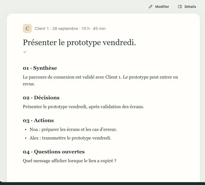 Compte rendu d’une réunion projet : synthèse, décisions, actions et questions ouvertes (données fictives)