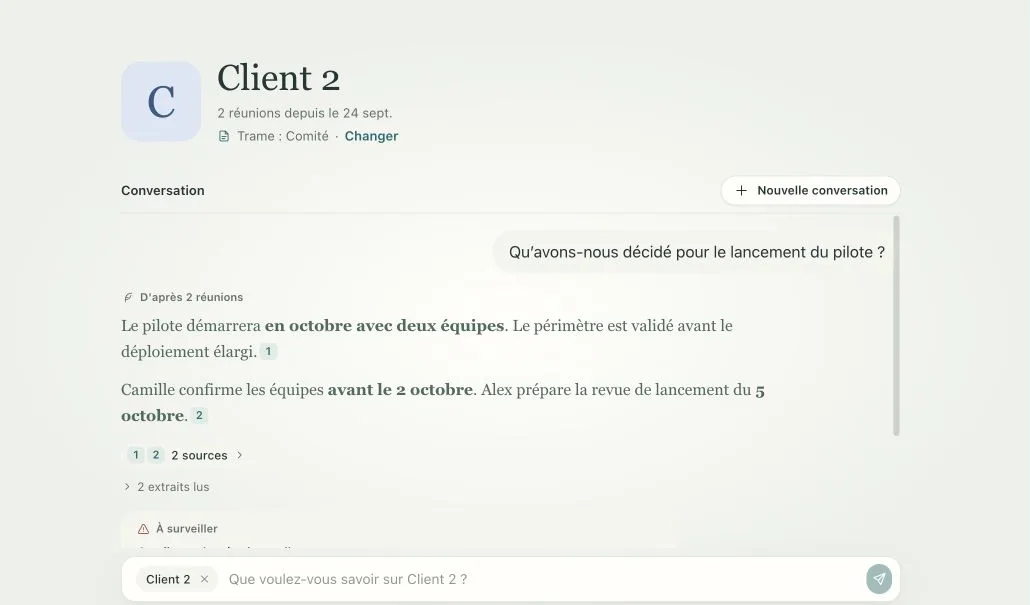 Question posée au dossier d’un client, avec la réponse et ses sources (données fictives)